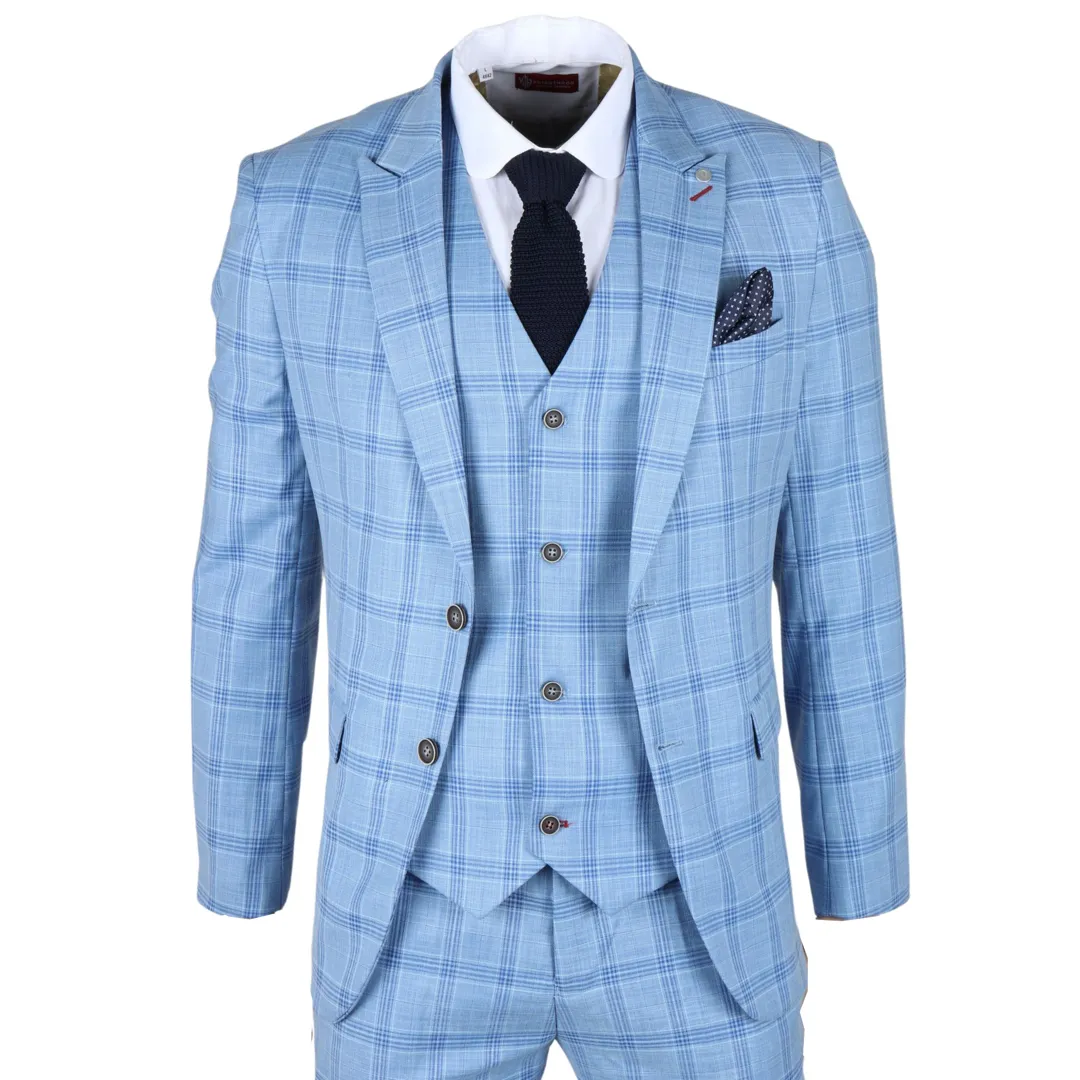 Plowman Men’s Light Blue 3-Piece Checked Suit