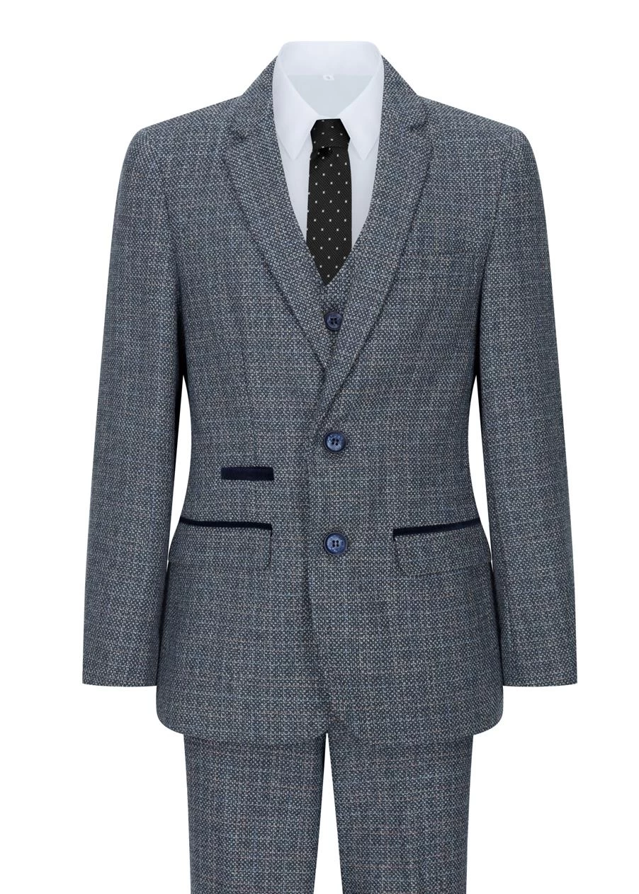 Boys 3 Piece Suit Navy Blue Tweed Check Vintage Retro Tailored Fit 1920s