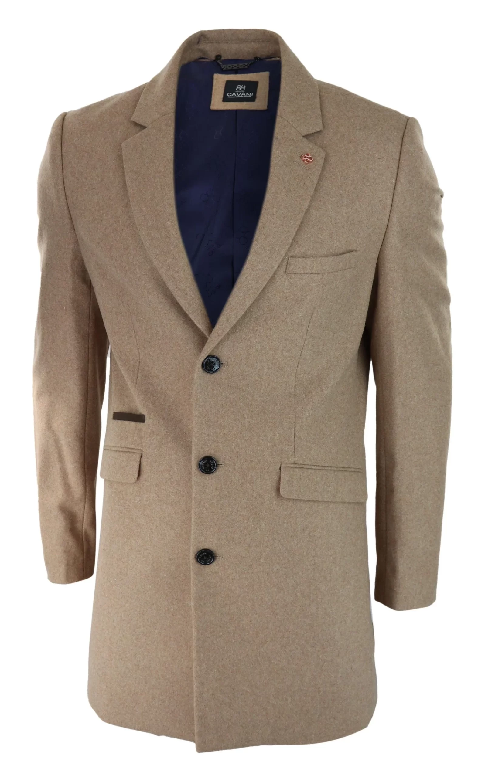 Cavani Mens Classic 3/4 Length Camel Overcoat - Image 2