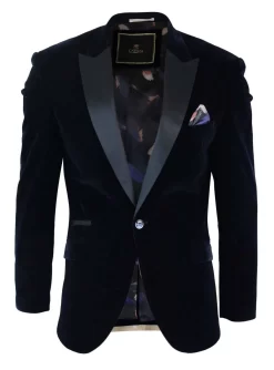 Cavani Rosa – Mens Soft Velvet Black Navy 1 Button Dinner Jacket Tuxedo Blazer Smart Casual Fit-Navy
