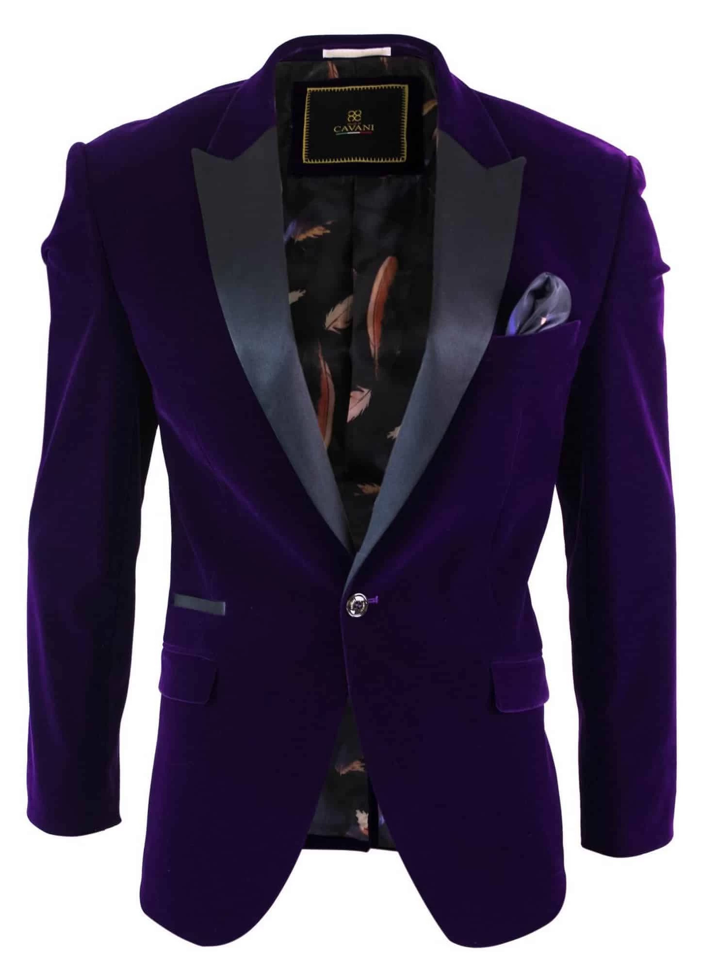 Cavani Rosa β Mens Soft Velvet Black Navy 1 Button Dinner Jacket Tuxedo Blazer Smart Casual Fit-Purple