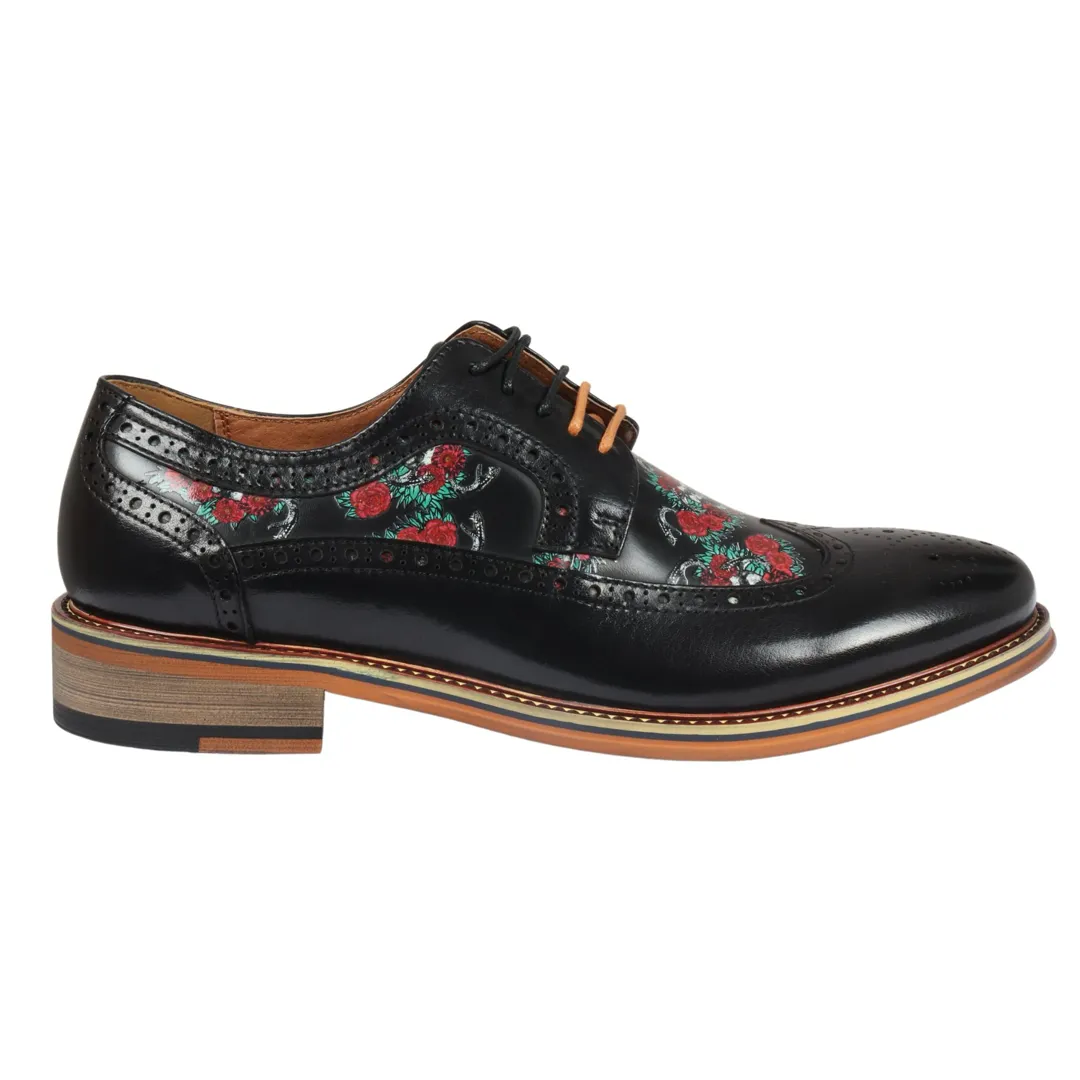 Ross – Men’s Black Floral Skull Print Leather Brogue Shoes