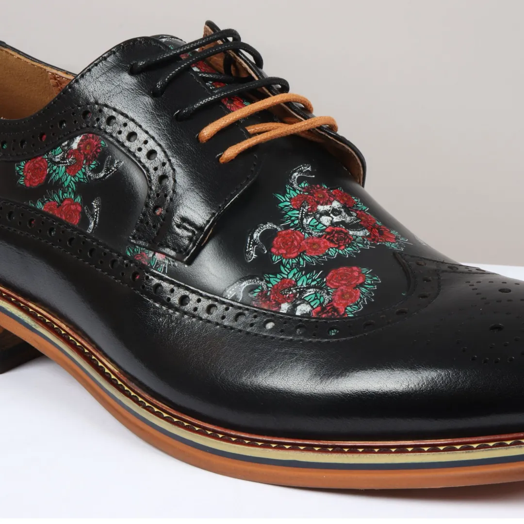Ross – Men’s Black Floral Skull Print Leather Brogue Shoes - Image 4