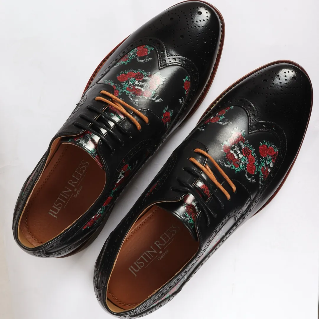 Ross – Men’s Black Floral Skull Print Leather Brogue Shoes - Image 5