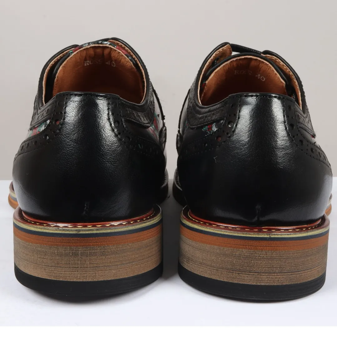 Ross – Men’s Black Floral Skull Print Leather Brogue Shoes - Image 6