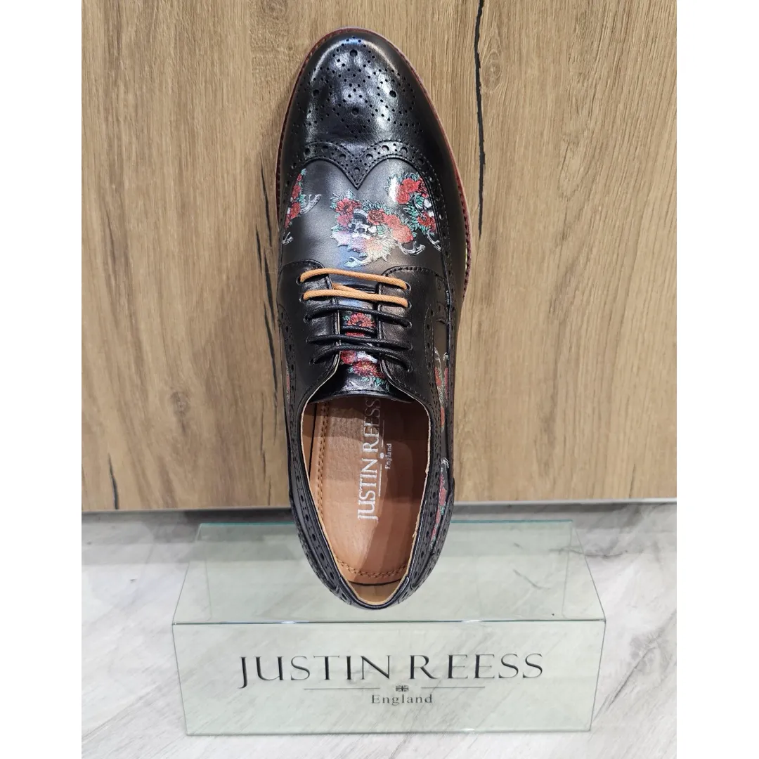 Ross – Men’s Black Floral Skull Print Leather Brogue Shoes - Image 7