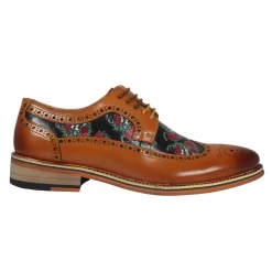 Ross โ Menโs Brown Floral Skull Print Leather Brogue Shoes