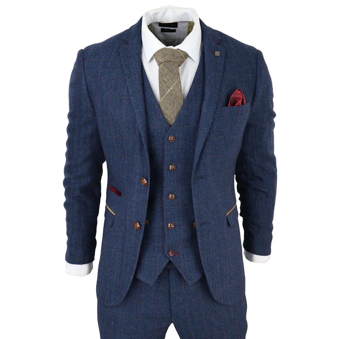Scott Men’s Blue 3-Piece Tweed Check Suit