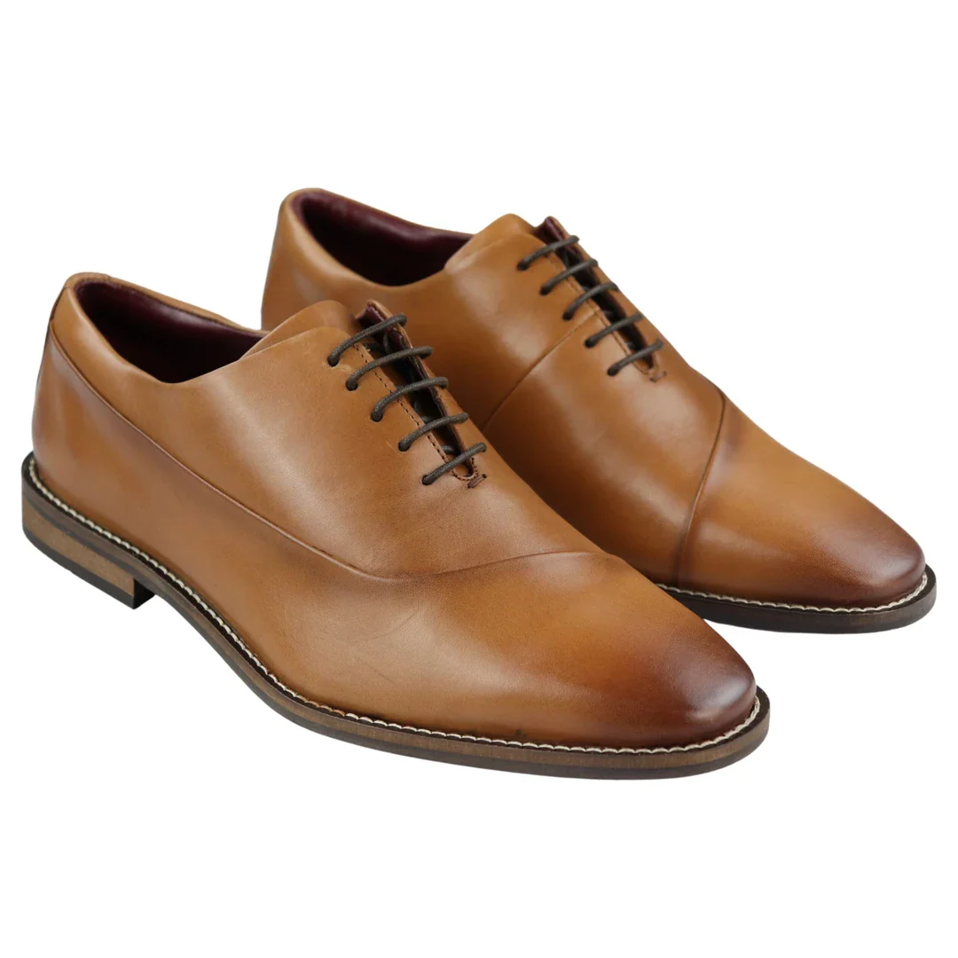 Mens Laced Real Leather Derby Shoes Smart Formal Classic Tan Brown - Image 2