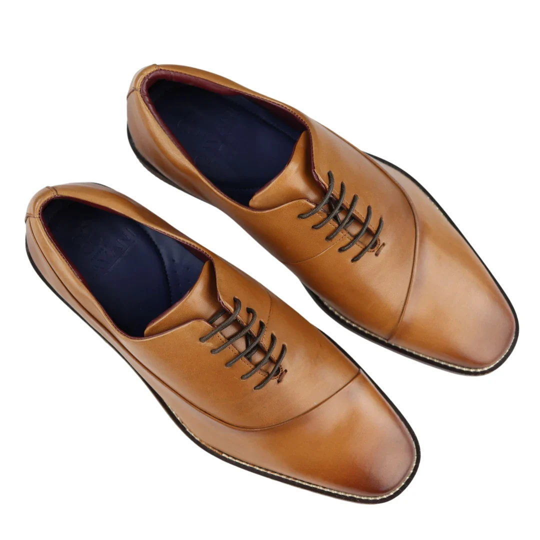 Mens Laced Real Leather Derby Shoes Smart Formal Classic Tan Brown - Image 3