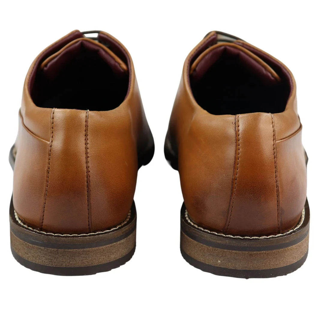 Mens Laced Real Leather Derby Shoes Smart Formal Classic Tan Brown - Image 4