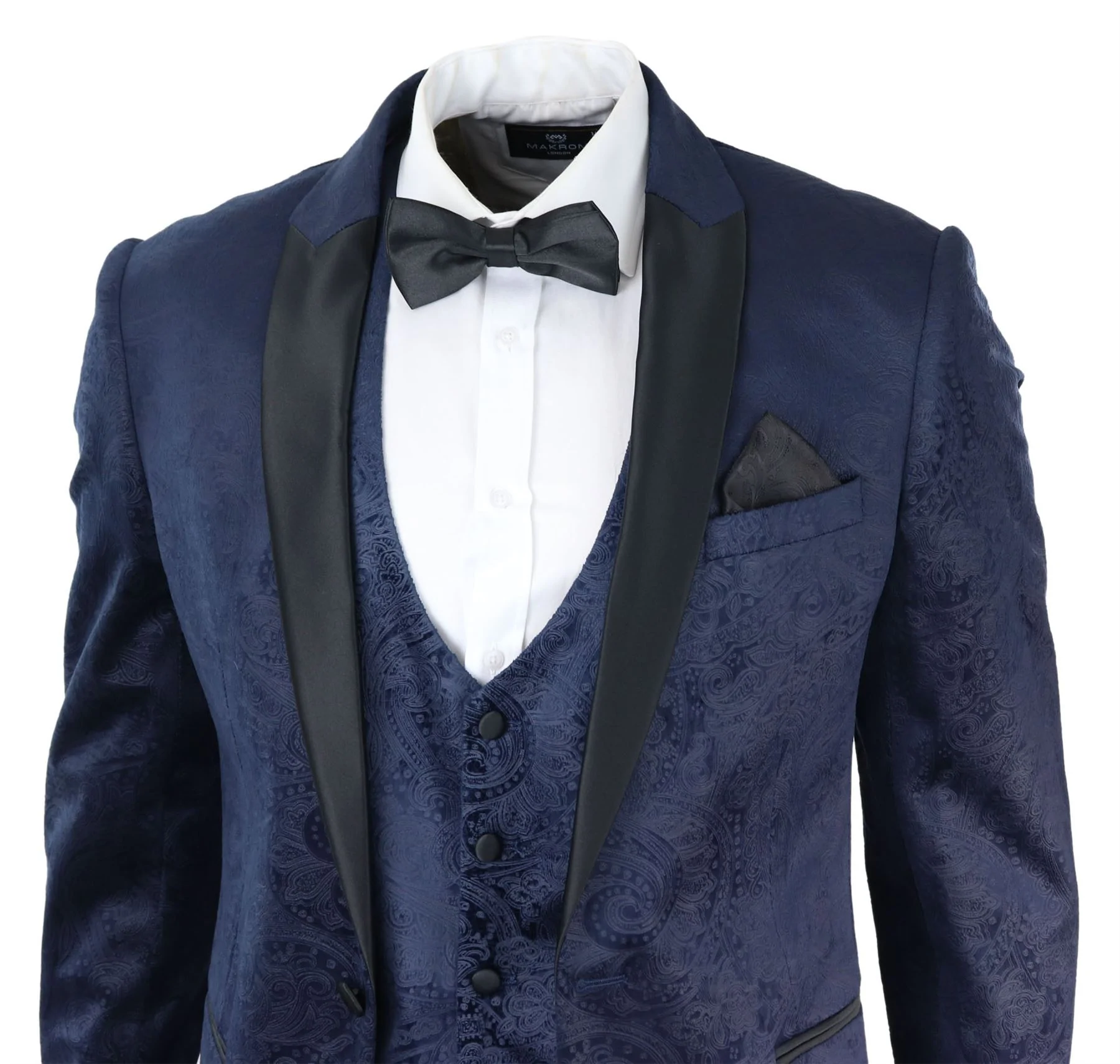 Mens Marc Darcy Velvet Paisley Blue Fit 3 Piece Suit Tuxedo Dinner Jacket Wedding - Image 5