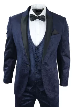 Mens Marc Darcy Velvet Paisley Blue Fit 3 Piece Suit Tuxedo Dinner Jacket Wedding