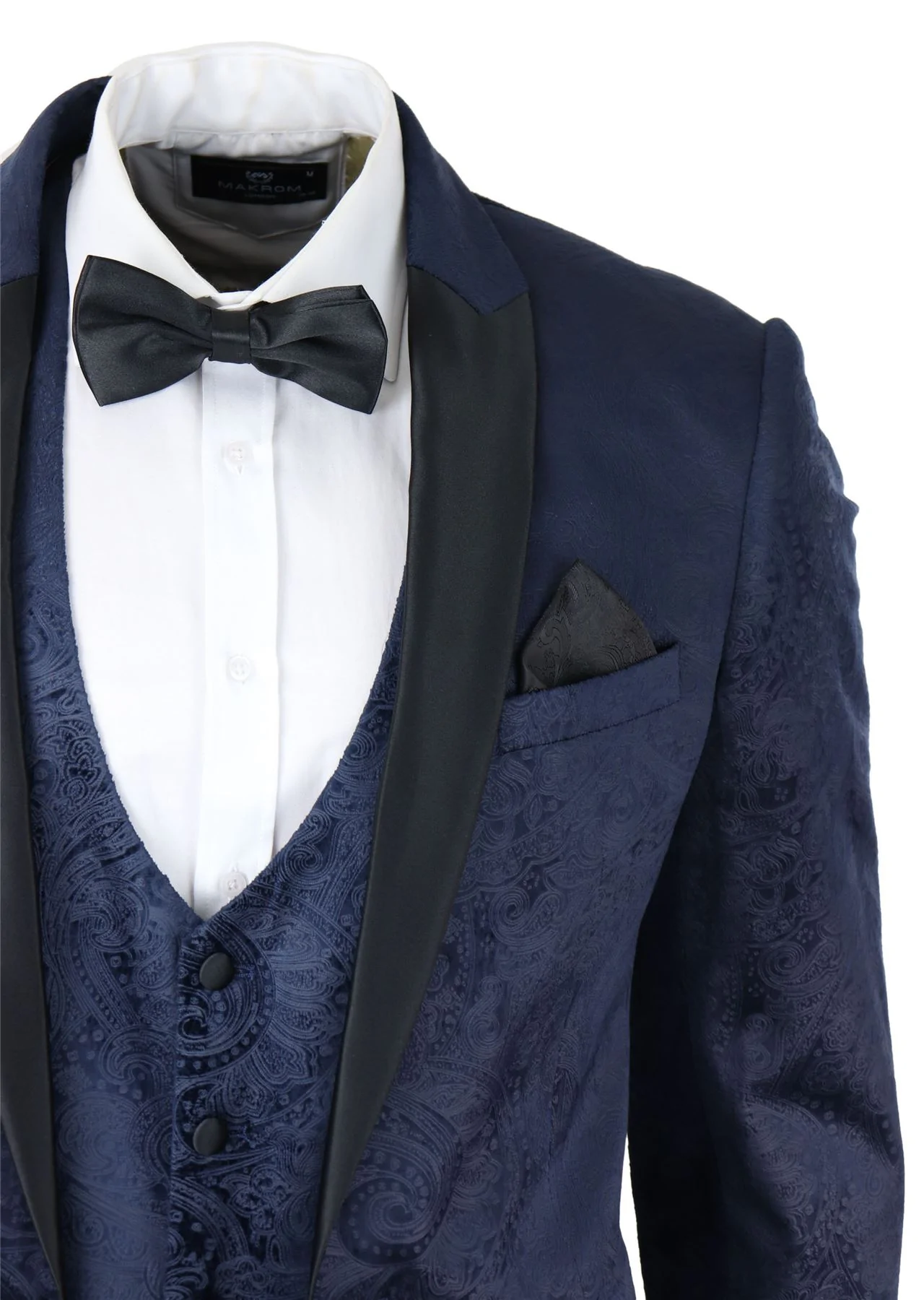Mens Marc Darcy Velvet Paisley Blue Fit 3 Piece Suit Tuxedo Dinner Jacket Wedding - Image 2