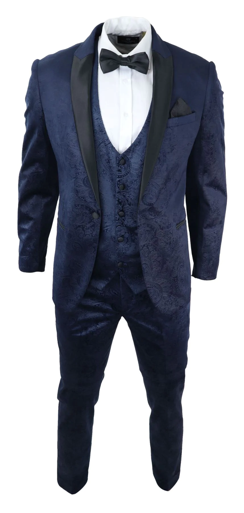 Mens Marc Darcy Velvet Paisley Blue Fit 3 Piece Suit Tuxedo Dinner Jacket Wedding - Image 3