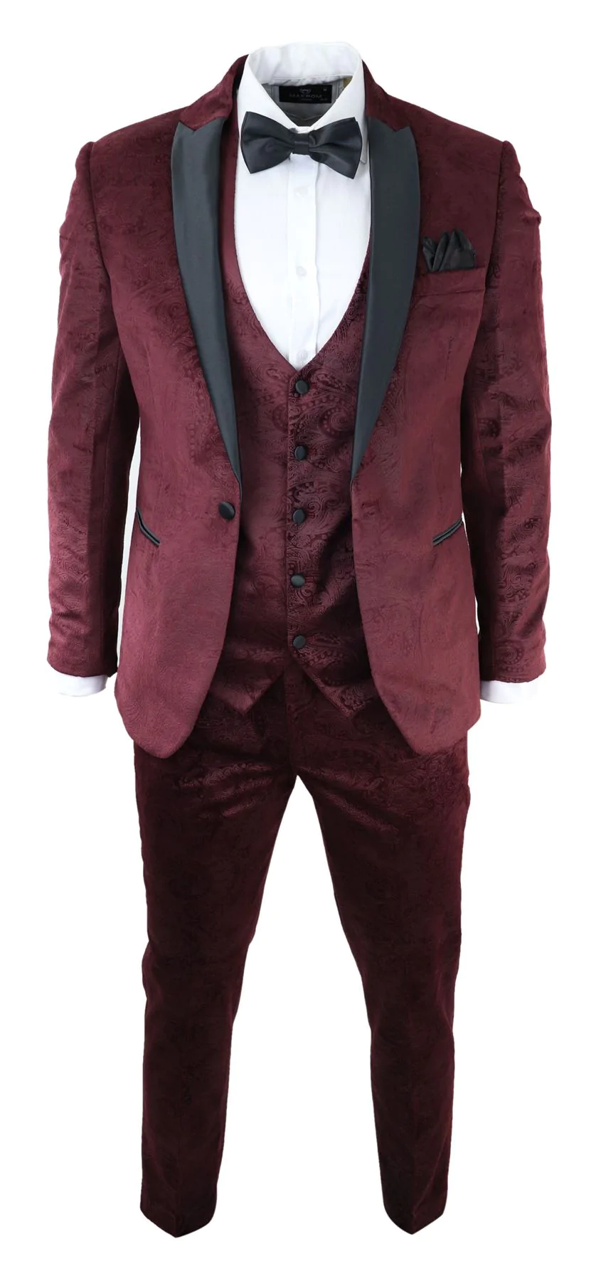 Mens Marc Darcy Velvet Paisley Burgundy Fit 3 Piece Suit Tuxedo Dinner Jacket Wedding - Image 2