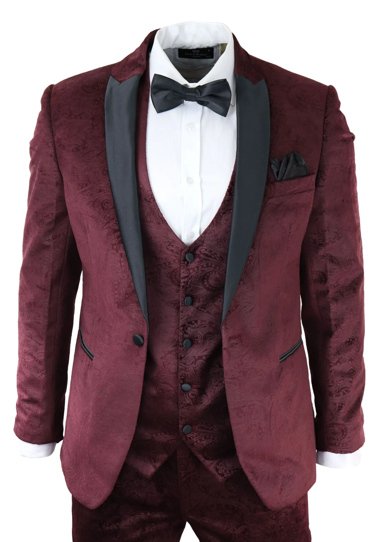 Mens Marc Darcy Velvet Paisley Burgundy Fit 3 Piece Suit Tuxedo Dinner Jacket Wedding