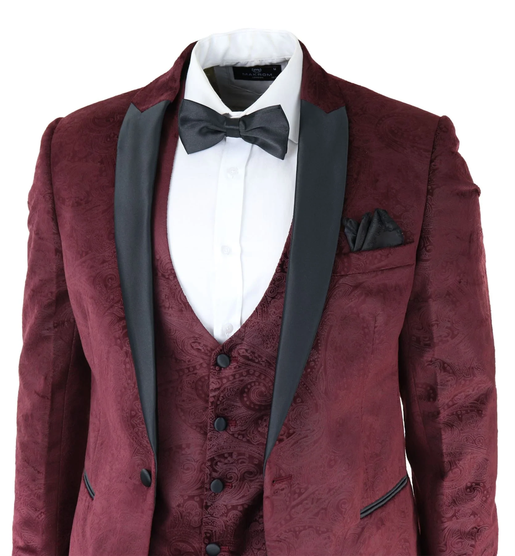Mens Marc Darcy Velvet Paisley Burgundy Fit 3 Piece Suit Tuxedo Dinner Jacket Wedding - Image 3