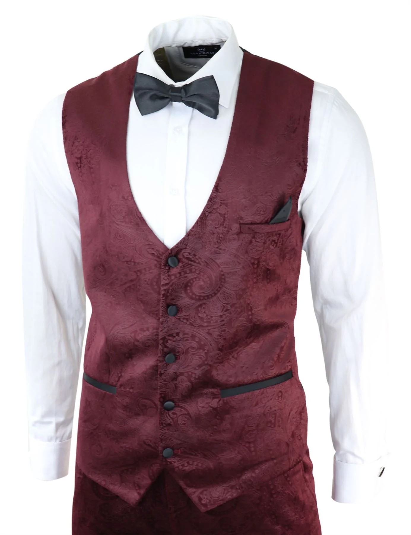 Mens Marc Darcy Velvet Paisley Burgundy Fit 3 Piece Suit Tuxedo Dinner Jacket Wedding - Image 5