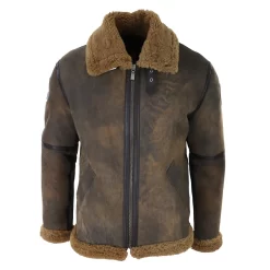 Men’s Brown Distressed Sheepskin Flying Jacket Camel Fur Zipped Classic Winter