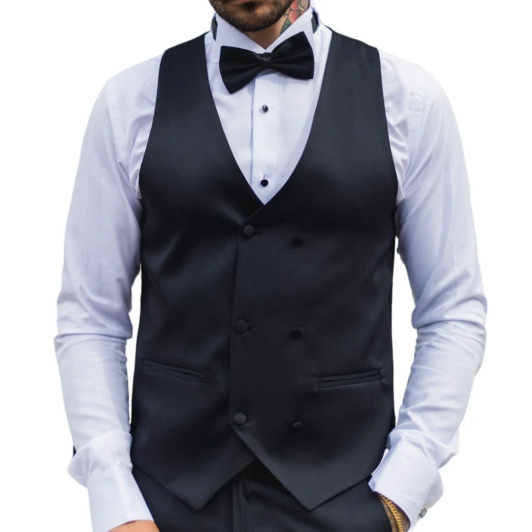 Men’s Black Satin Double Breasted Waistcoat Black Tie Dinner Vest - Image 6