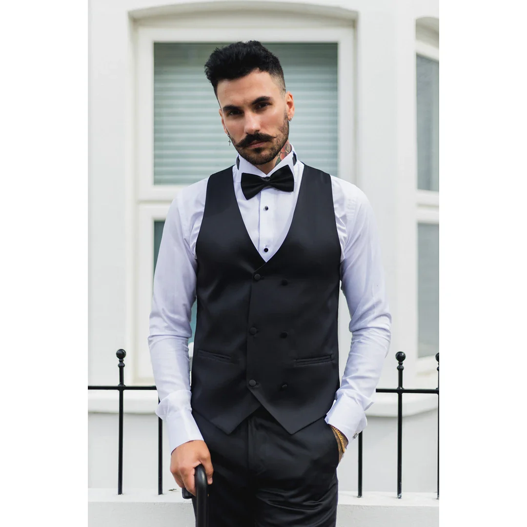 Men’s Black Satin Double Breasted Waistcoat Black Tie Dinner Vest - Image 2