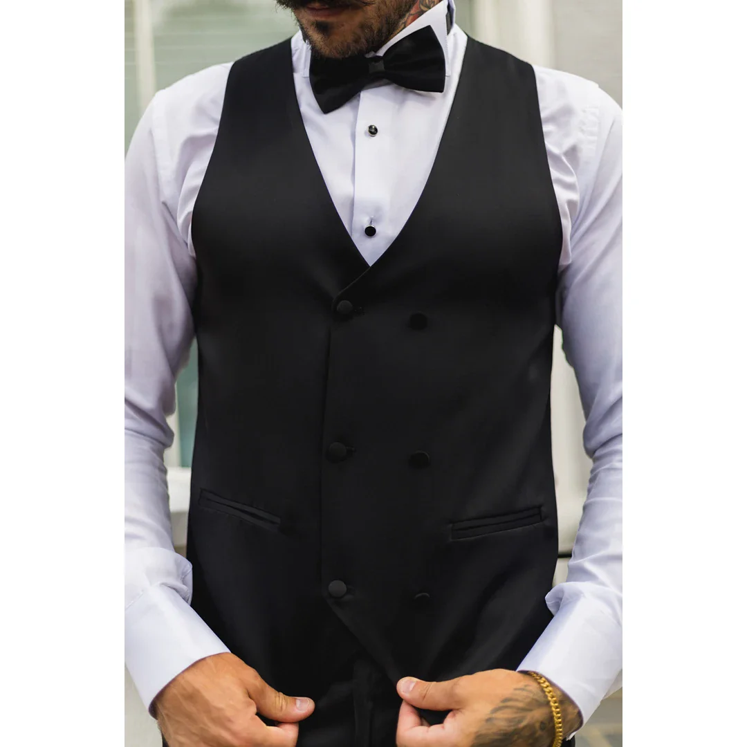 Men’s Black Satin Double Breasted Waistcoat Black Tie Dinner Vest - Image 3