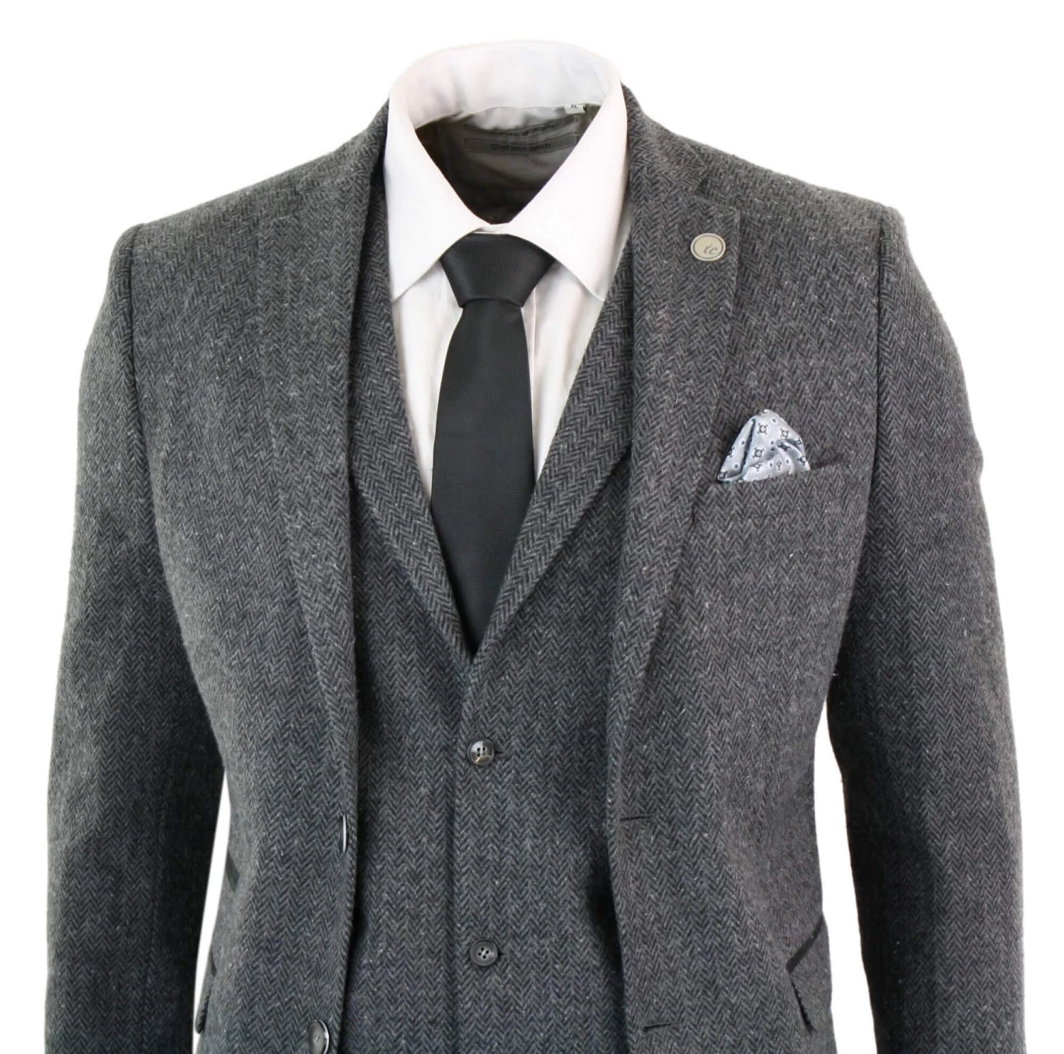 Men’s Charcoal Grey 3 Piece Tweed Herringbone Suit – STZ11 - Image 3