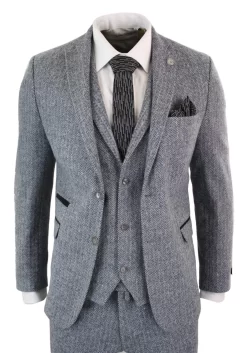 Men’s Light Grey 3 Piece Tweed Herringbone Suit – STZ11