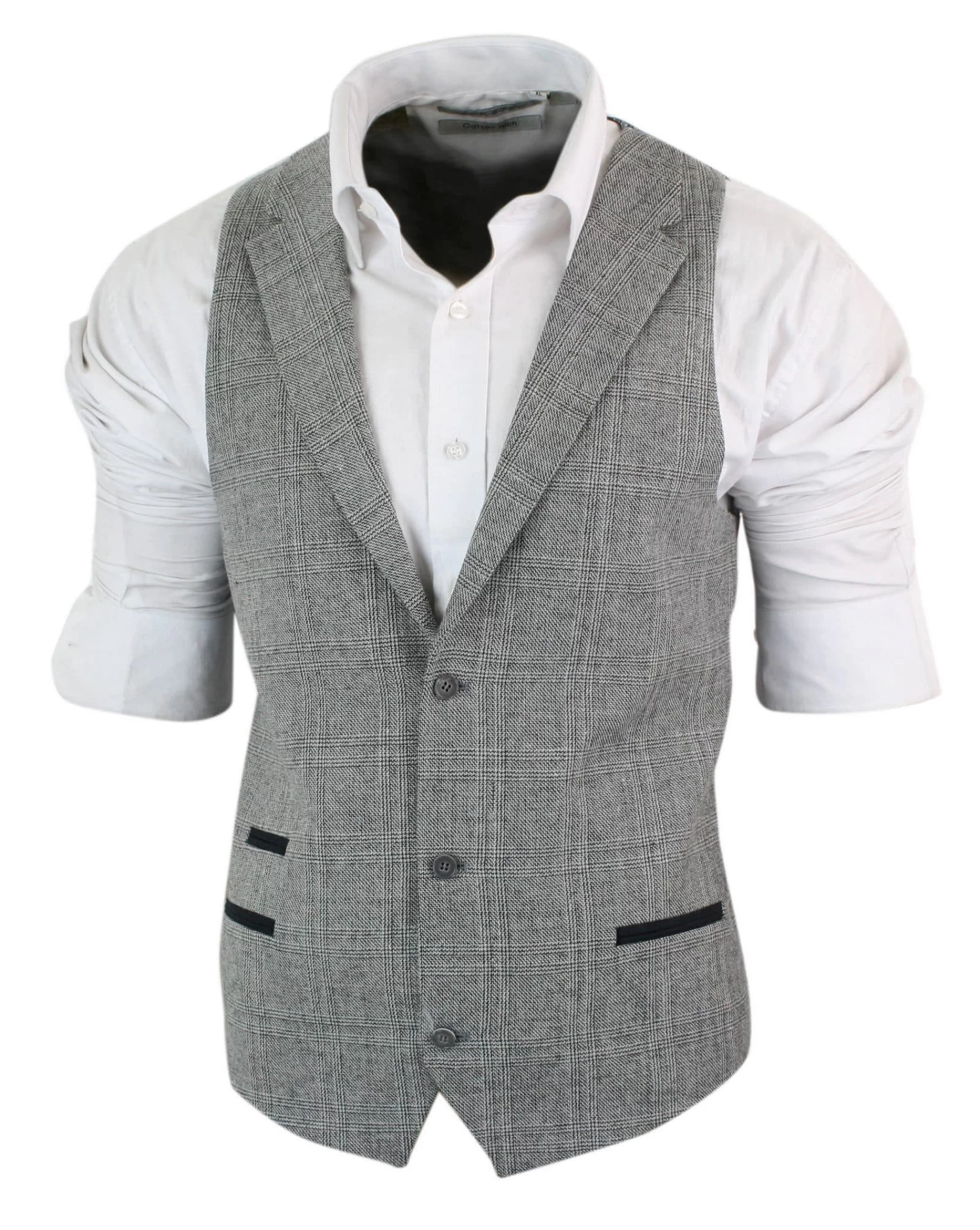 Mens Waistcoat Wool Check Herringbone Tweed Brown Black Classic Vintage Fit - Image 8