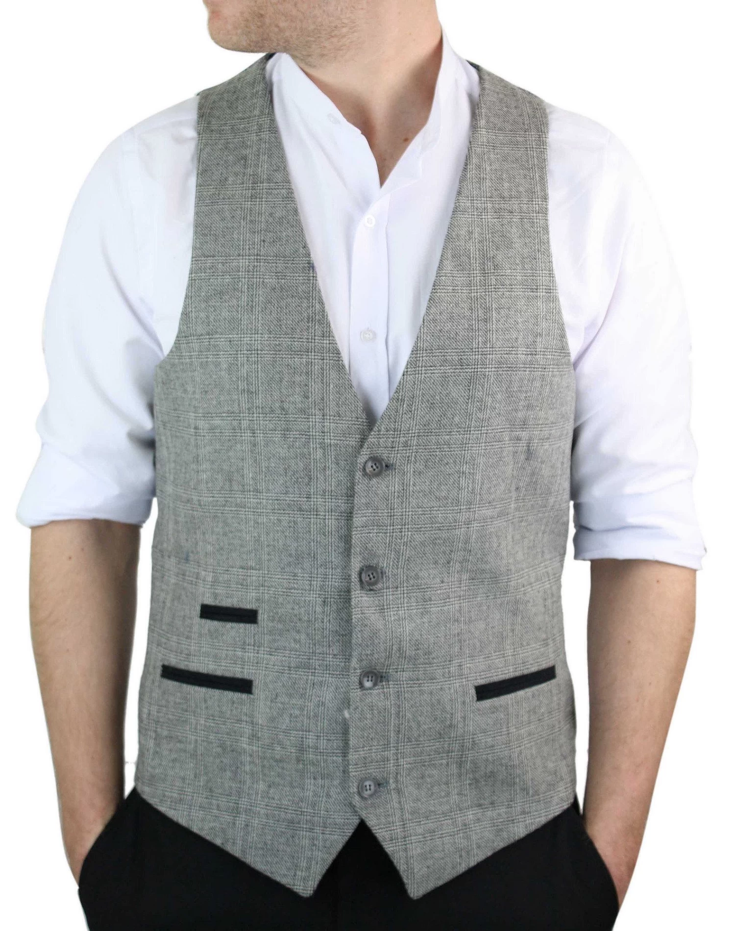 Mens Waistcoat Wool Check Herringbone Tweed Brown Black Classic Vintage Fit - Image 6