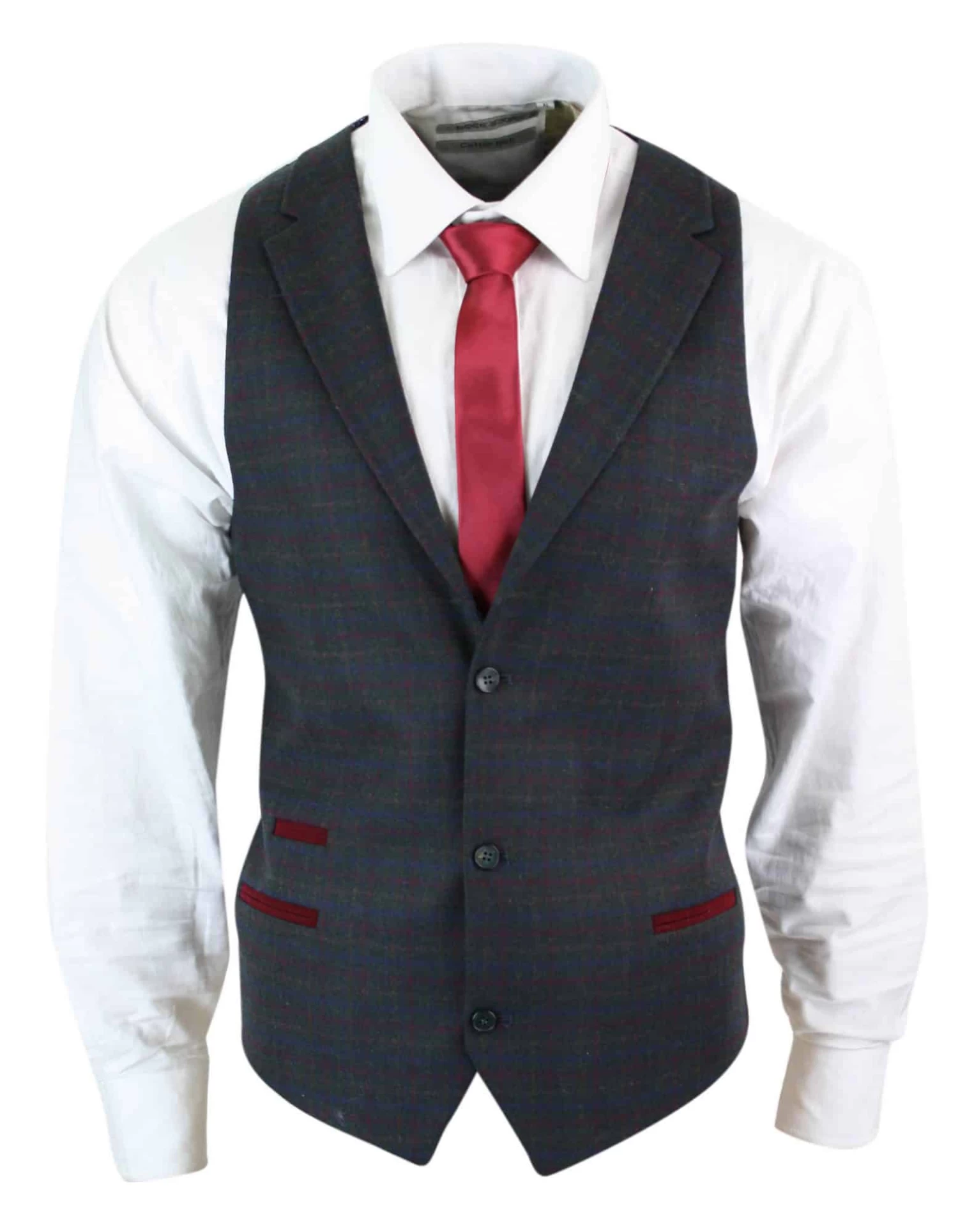 Mens Waistcoat Wool Olive Green With Red Blue Brown Check Tweed Classic Vintage Tailored Fit - Image 10