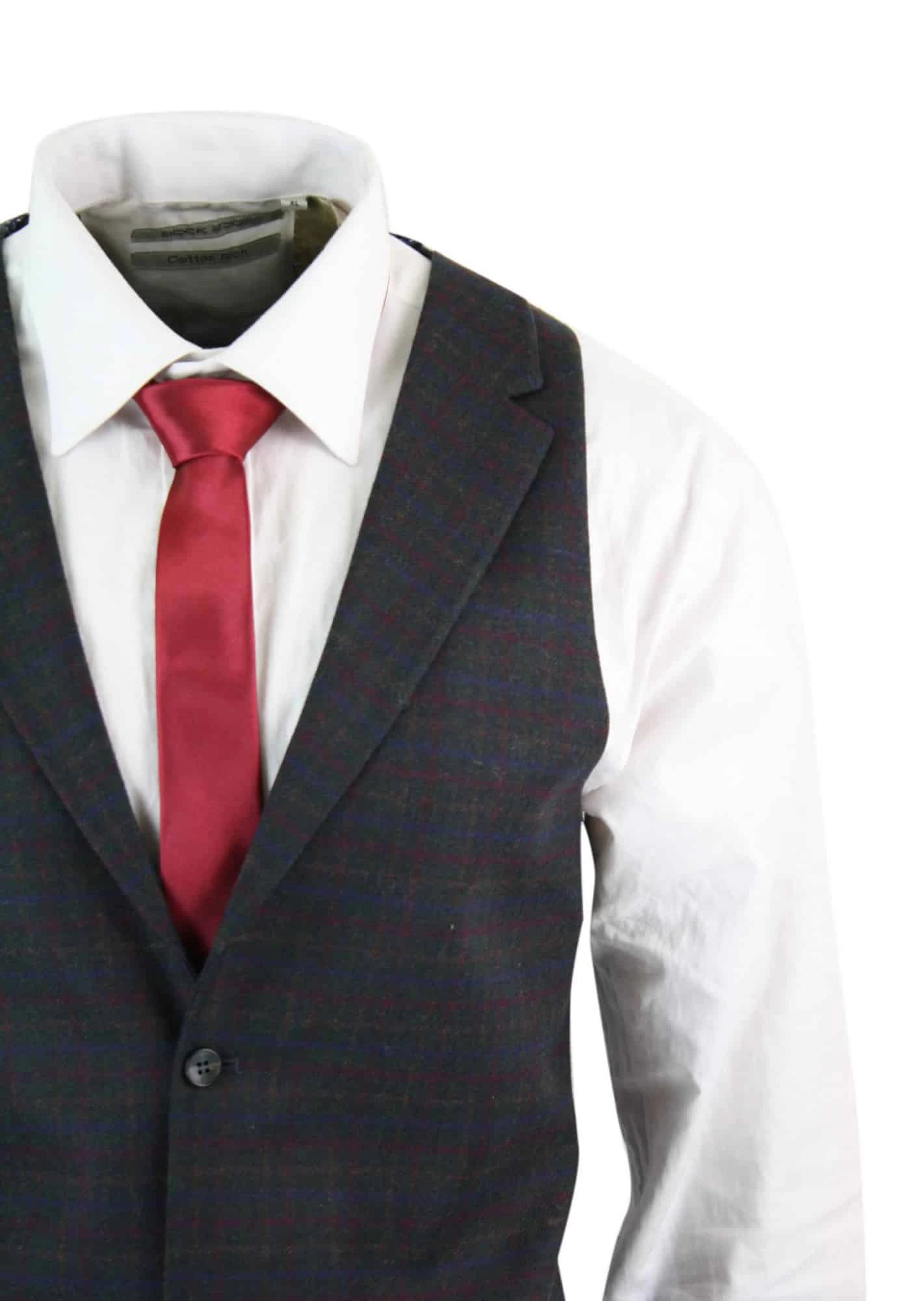 Mens Waistcoat Wool Olive Green With Red Blue Brown Check Tweed Classic Vintage Tailored Fit - Image 9