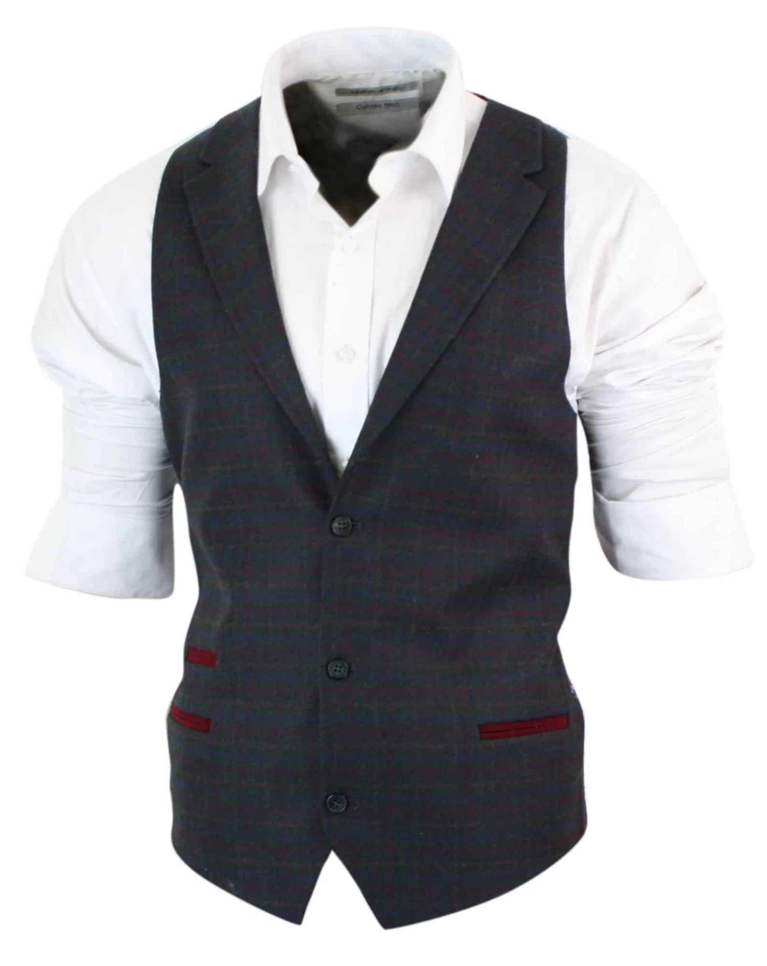 Mens Waistcoat Wool Olive Green With Red Blue Brown Check Tweed Classic Vintage Tailored Fit - Image 8