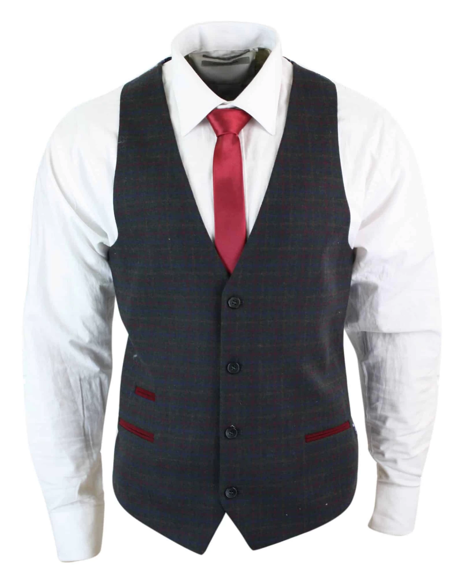 Mens Waistcoat Wool Olive Green With Red Blue Brown Check Tweed Classic Vintage Tailored Fit - Image 6