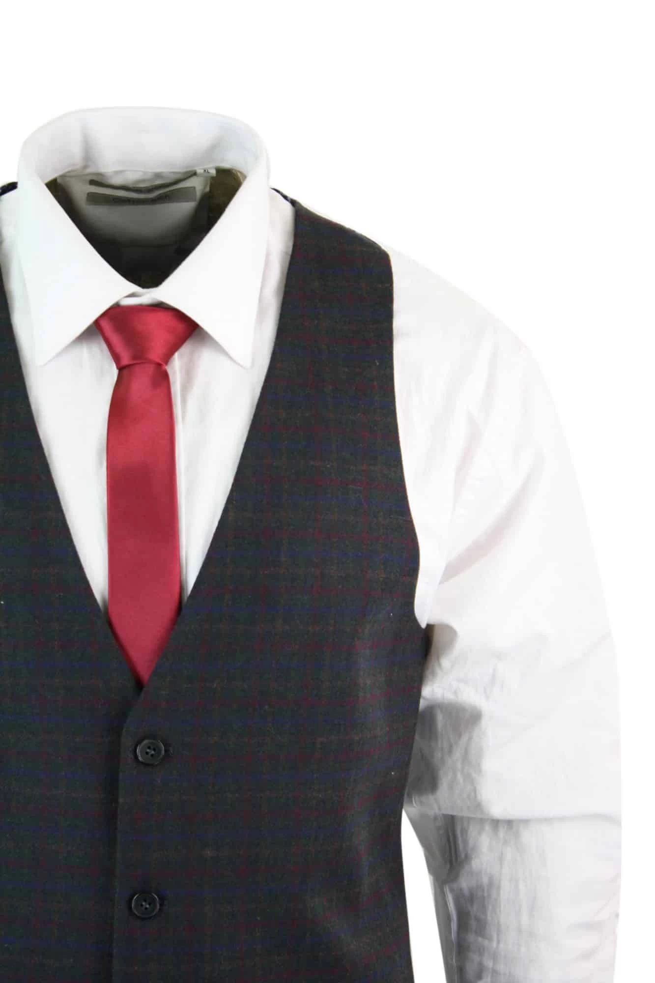 Mens Waistcoat Wool Olive Green With Red Blue Brown Check Tweed Classic Vintage Tailored Fit - Image 5