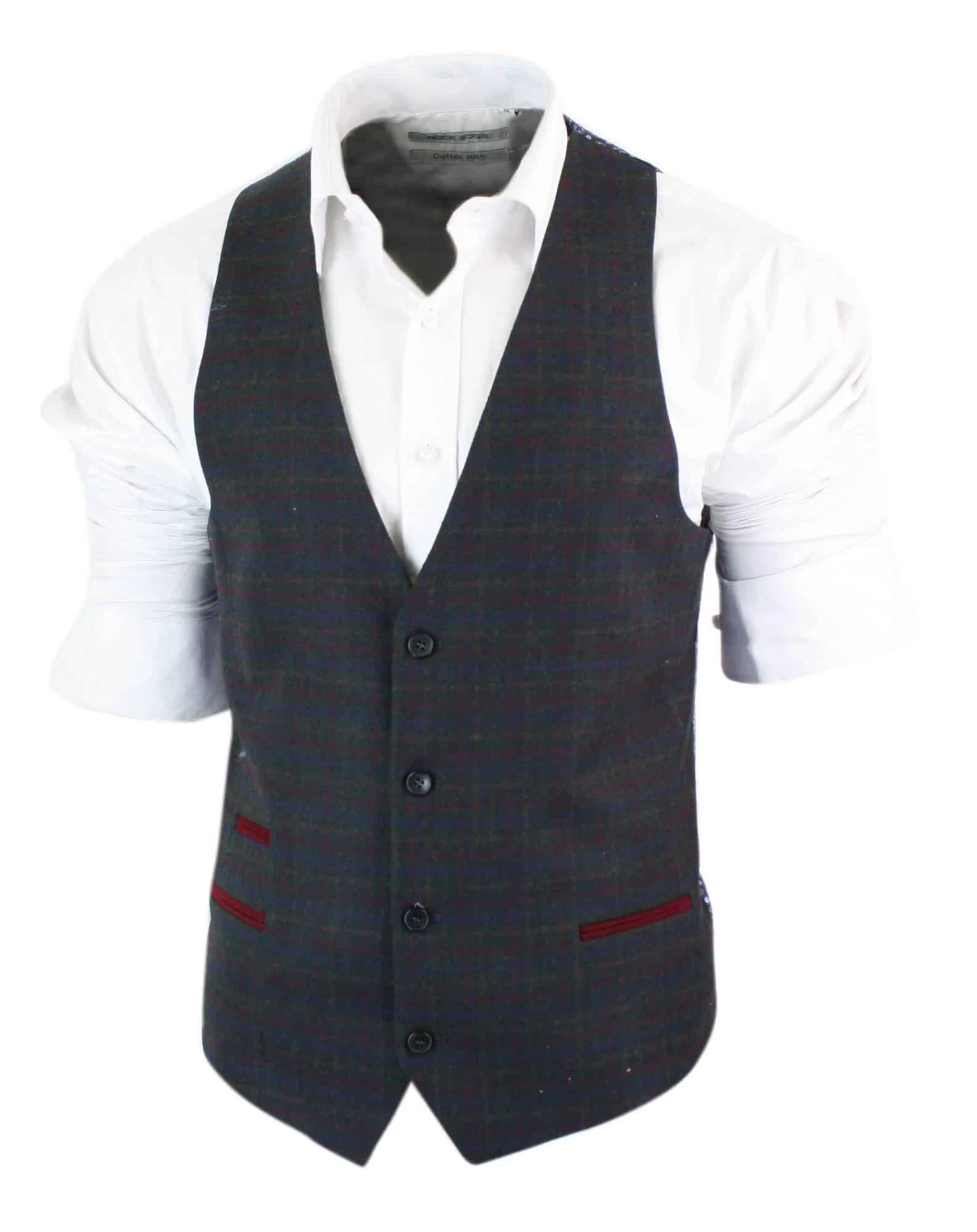 Mens Waistcoat Wool Olive Green With Red Blue Brown Check Tweed Classic Vintage Tailored Fit - Image 7