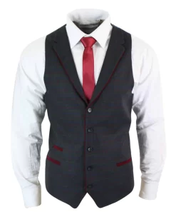 Mens Waistcoat Wool Olive Green With Red Blue Brown Check Tweed Classic Vintage Tailored Fit