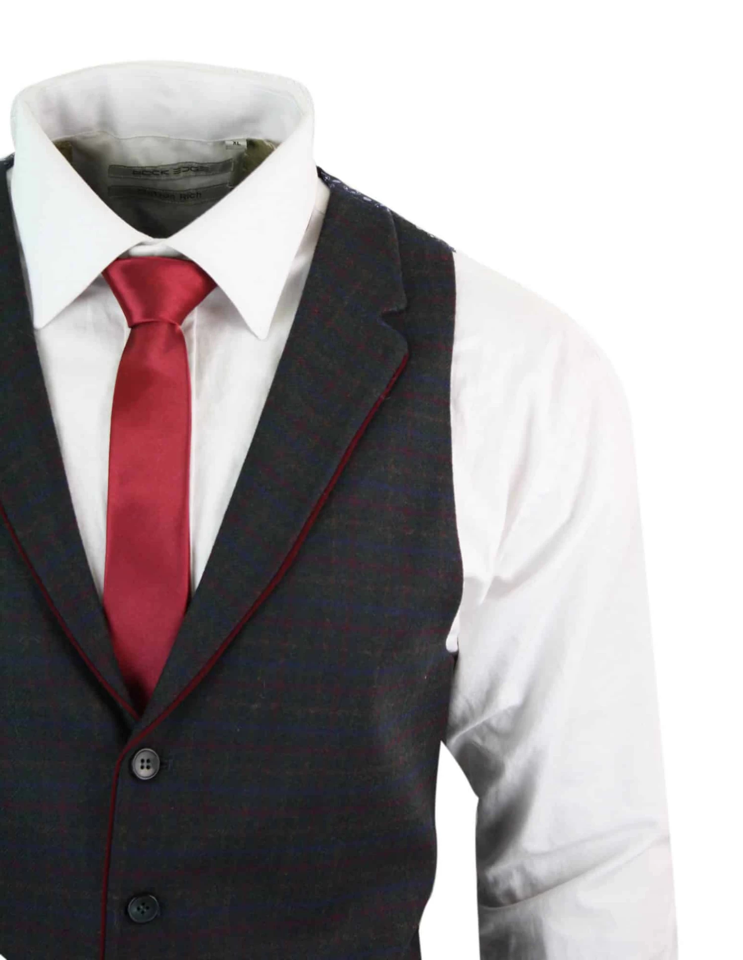 Mens Waistcoat Wool Olive Green With Red Blue Brown Check Tweed Classic Vintage Tailored Fit - Image 3
