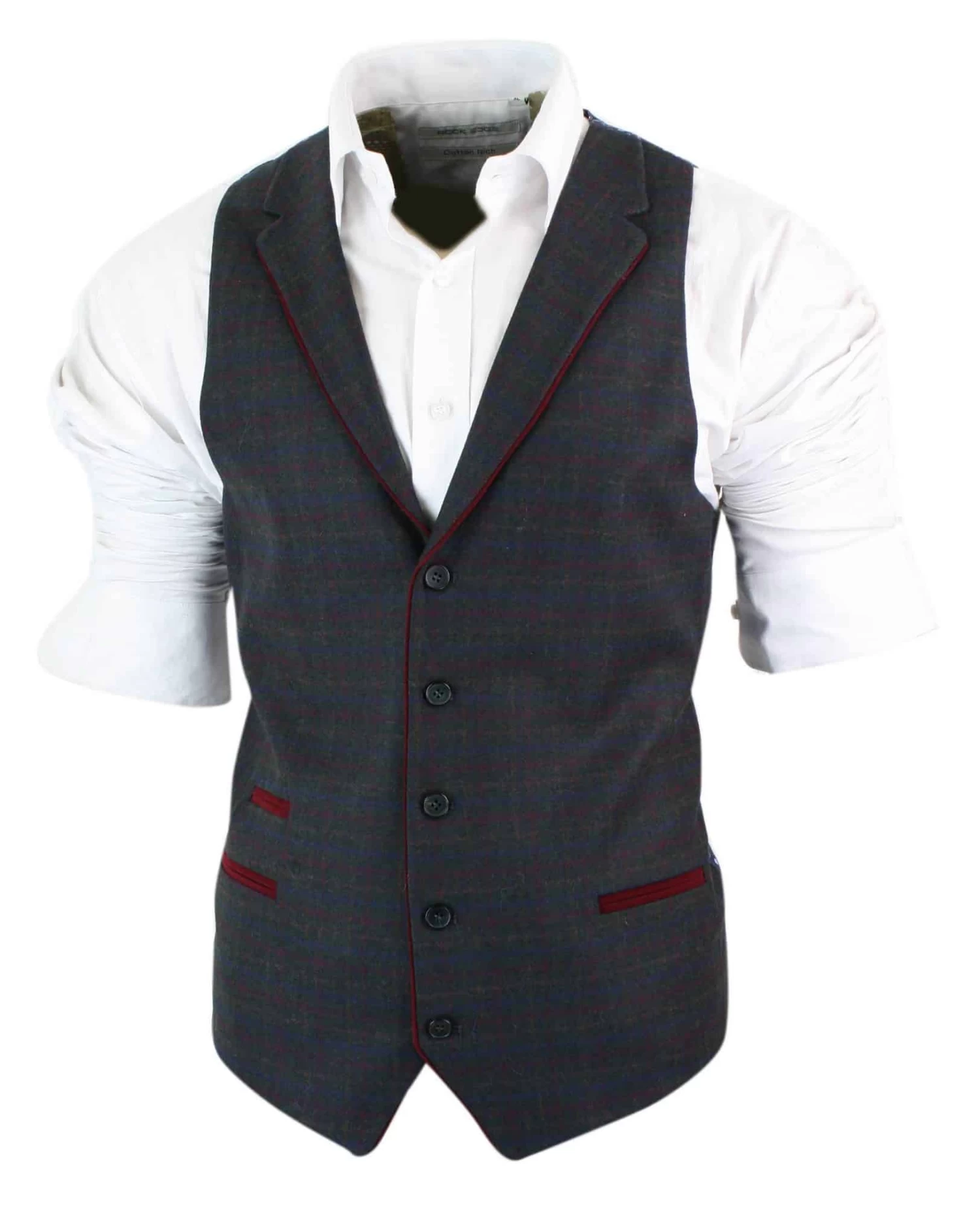 Mens Waistcoat Wool Olive Green With Red Blue Brown Check Tweed Classic Vintage Tailored Fit - Image 4