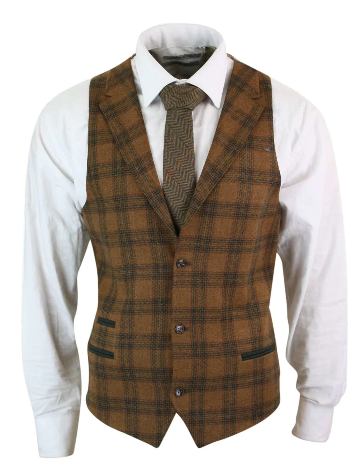 Mens Waistcoat Wool Tan Brown Check Tweed Classic Vintage Tailored Fit - Image 8
