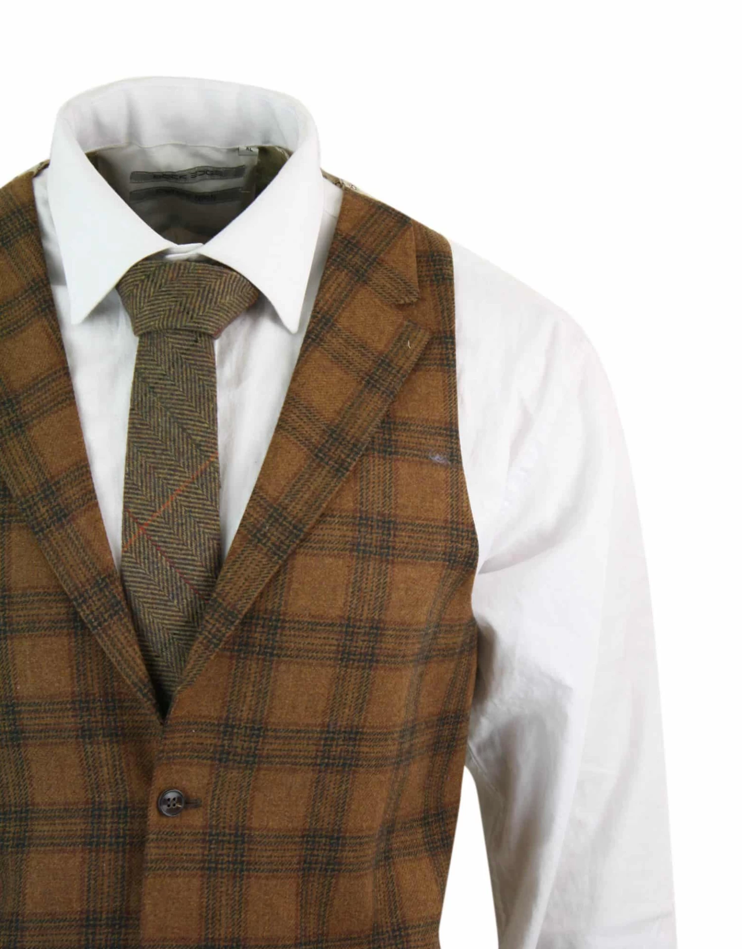 Mens Waistcoat Wool Tan Brown Check Tweed Classic Vintage Tailored Fit - Image 10
