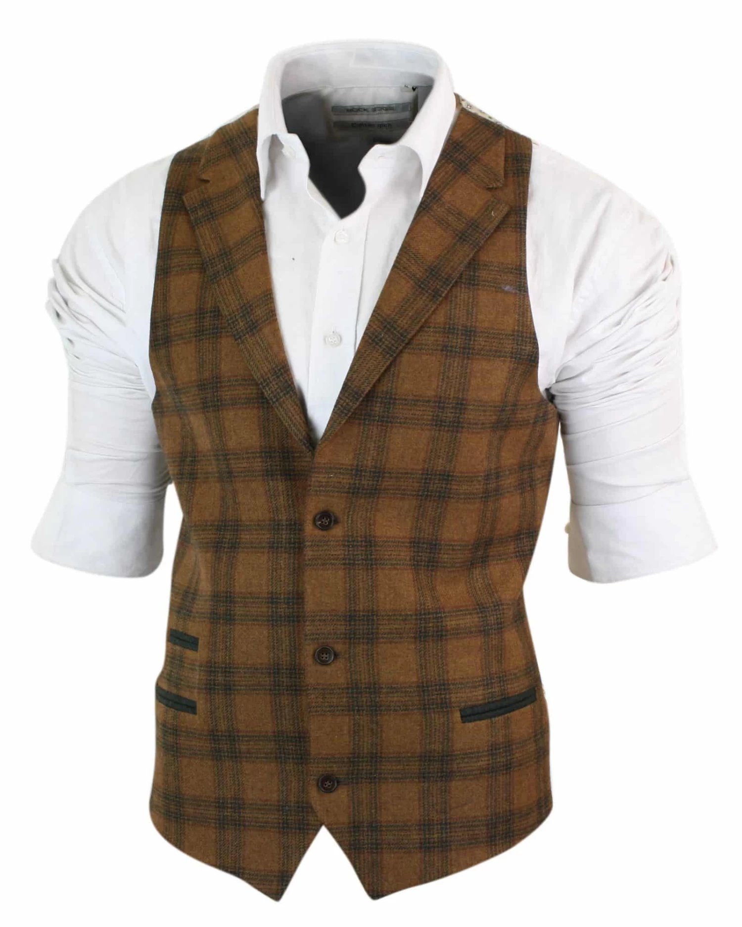 Mens Waistcoat Wool Tan Brown Check Tweed Classic Vintage Tailored Fit - Image 9