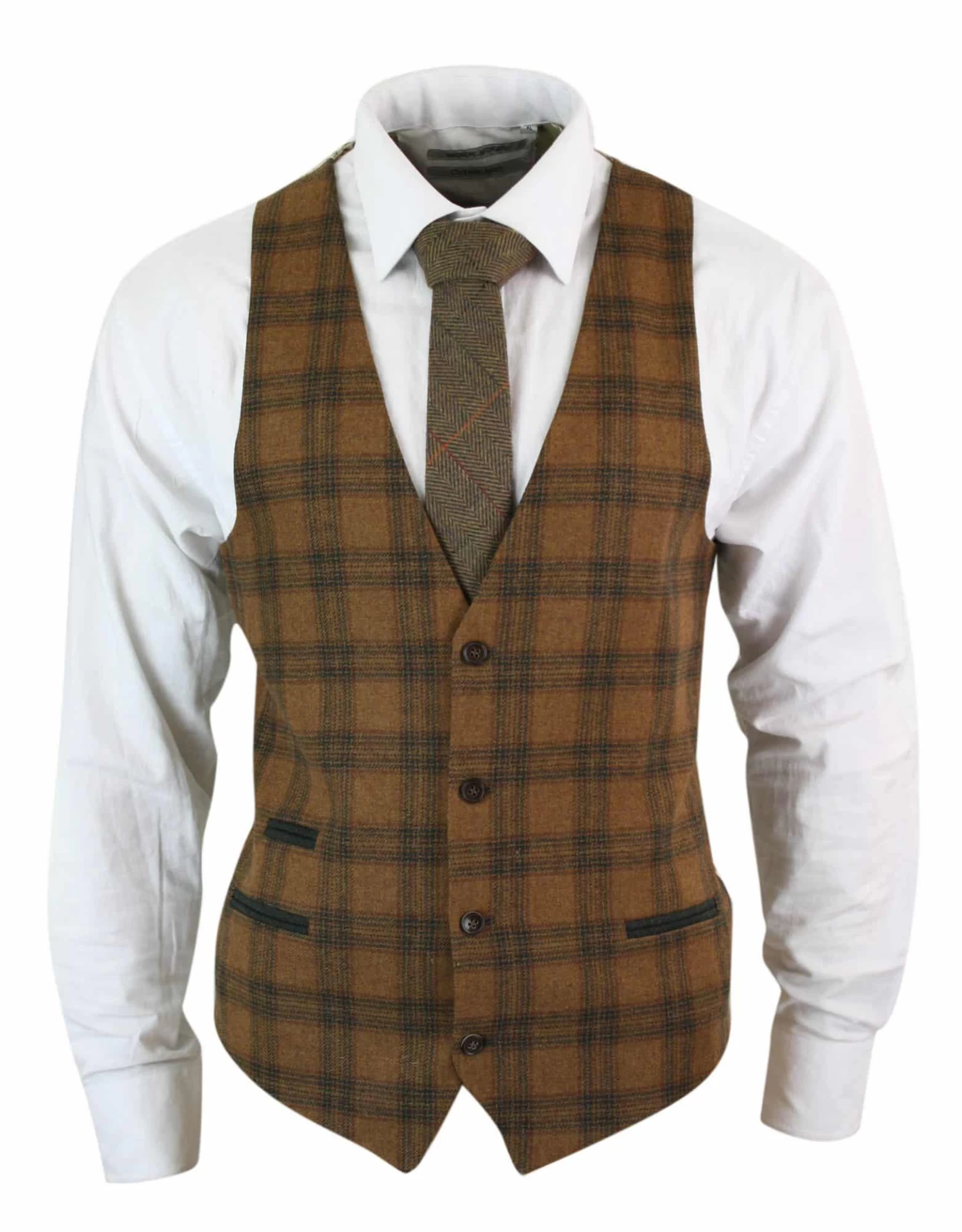 Mens Waistcoat Wool Tan Brown Check Tweed Classic Vintage Tailored Fit - Image 7
