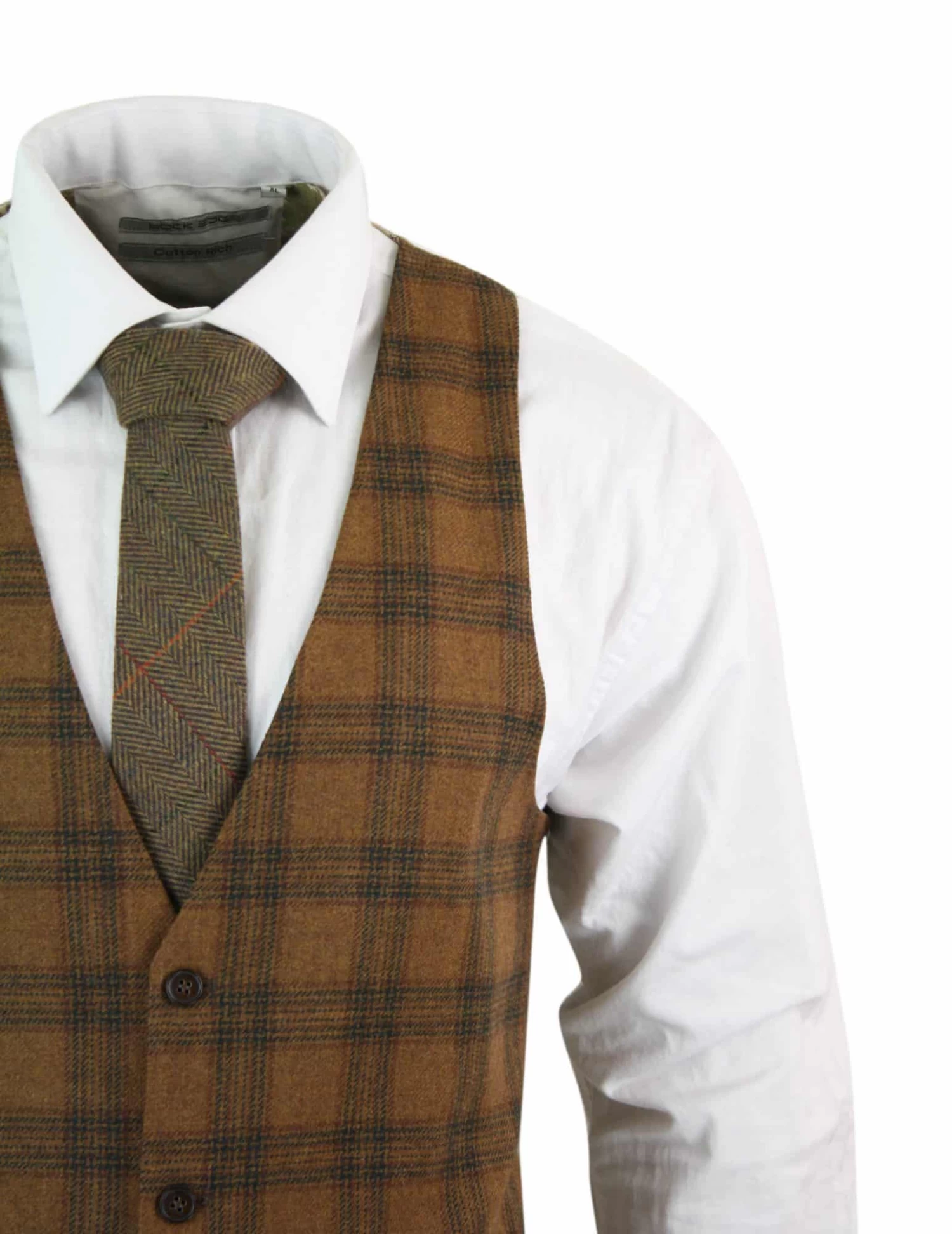 Mens Waistcoat Wool Tan Brown Check Tweed Classic Vintage Tailored Fit - Image 6