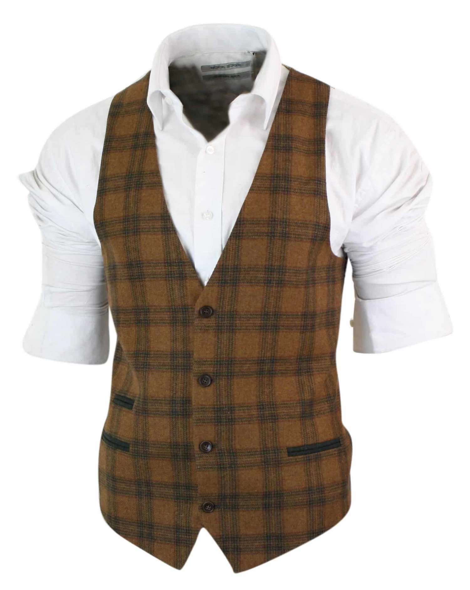 Mens Waistcoat Wool Tan Brown Check Tweed Classic Vintage Tailored Fit - Image 5