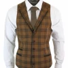 Mens Waistcoat Wool Tan Brown Check Tweed Classic Vintage Tailored Fit
