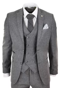 Mens 3 Piece Grey Suit With Double Breasted Waistcoat