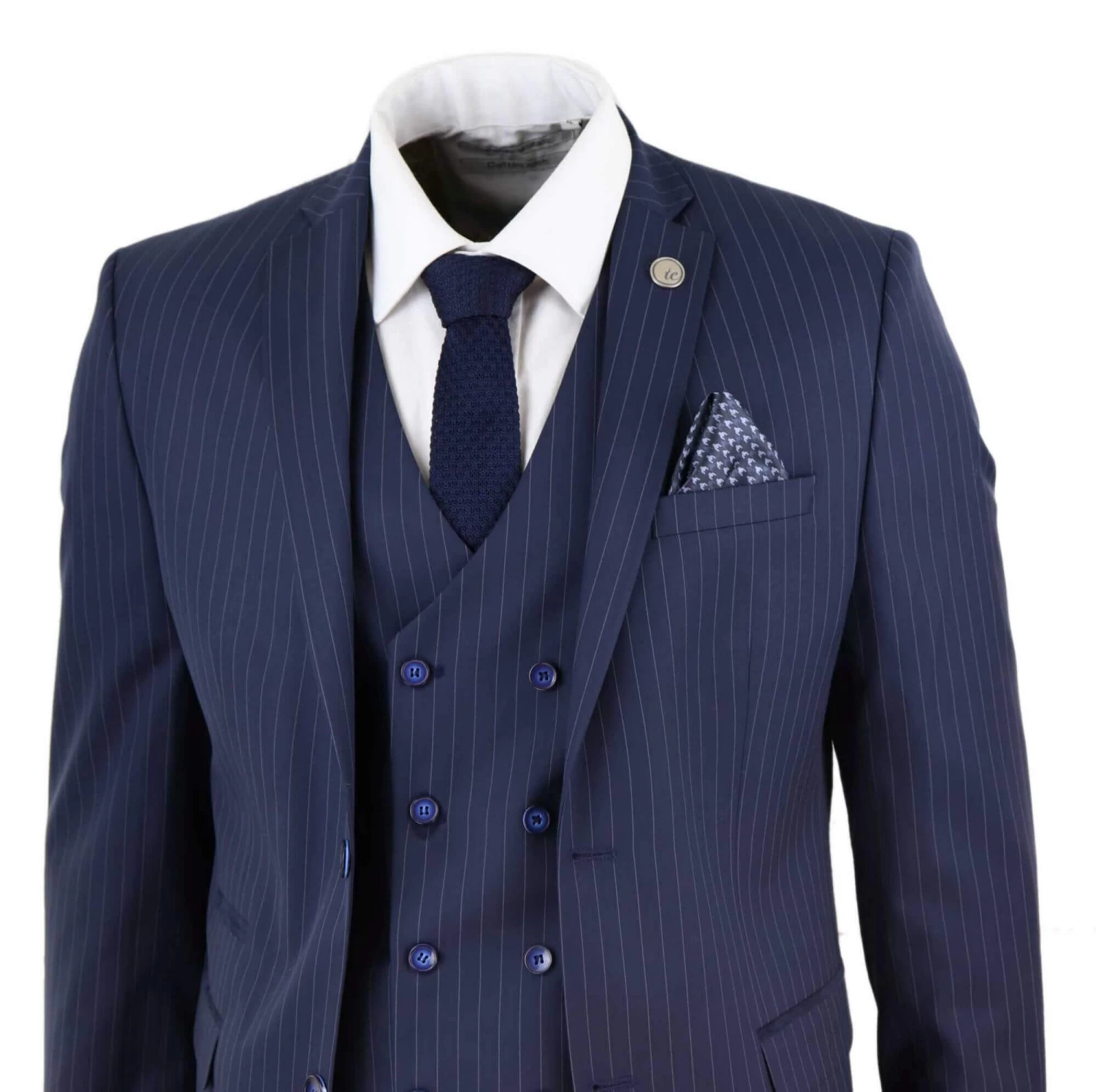 Mens 3 Piece Pinstripe Navy-Blue Suit - Image 5