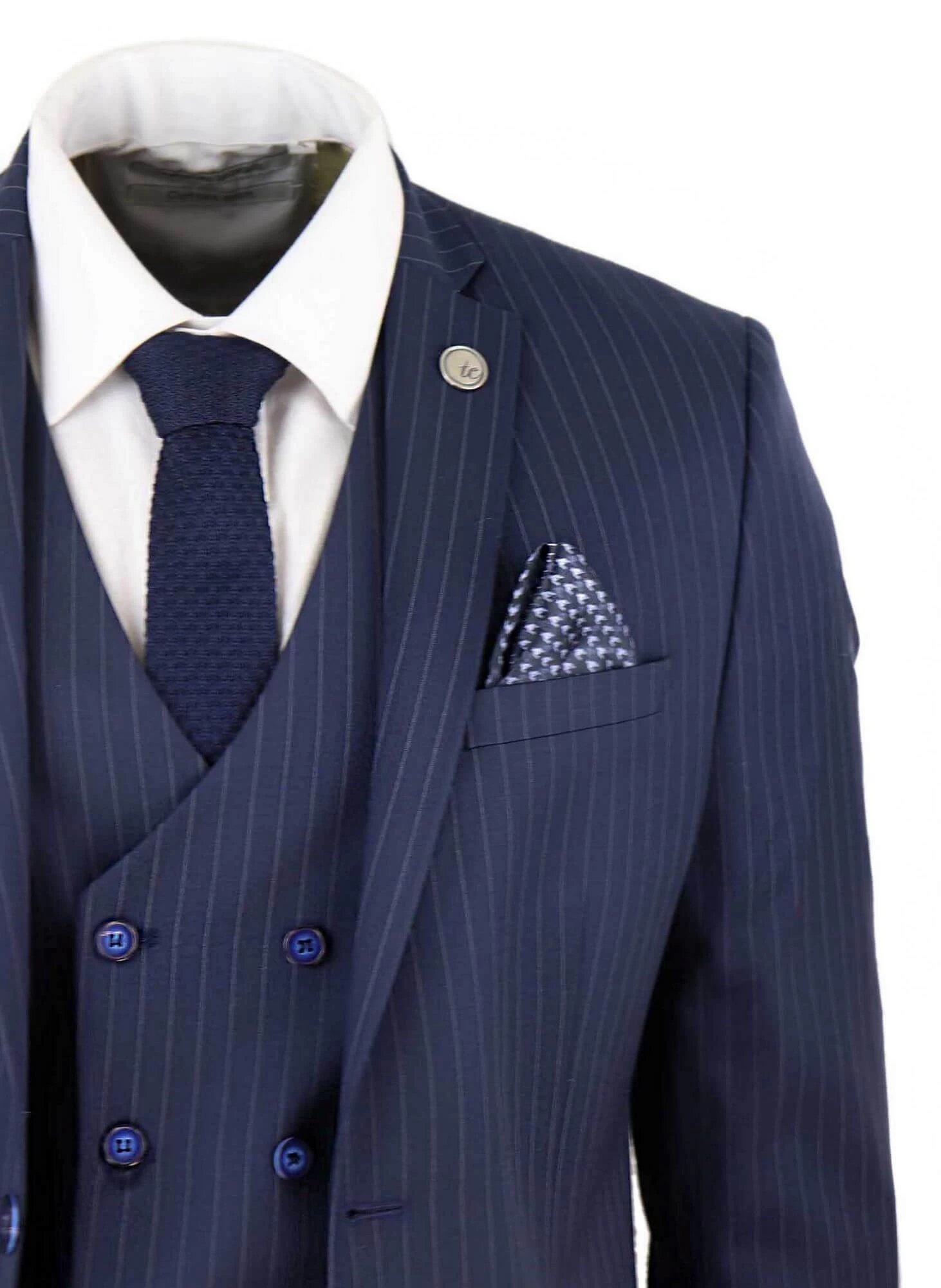 Mens 3 Piece Pinstripe Navy-Blue Suit - Image 2